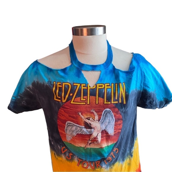 Led Zeppelin U.S. Tour 1975 Tie-Dye DYI Cold-Shoulders Peek-a-Boo Chest Tee M - Picture 2 of 8